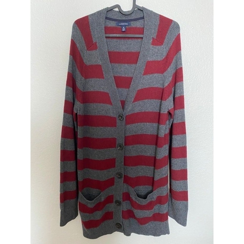 Lands End Woman button up long sleeve Red Gray Striped preppy Cardigan pockets M